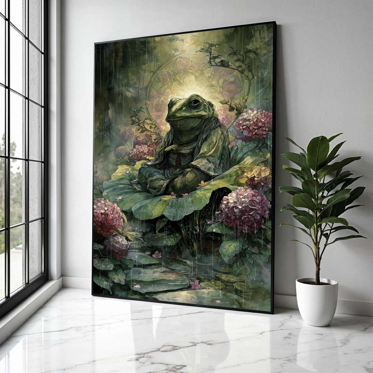 Meditative Frog on Lily Pad Canvas, Zen Garden Wall Art, Nature Illustration, Tranquil Pond Scene, Floral Gift Art, Home Decor, Print