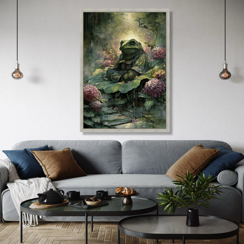 Meditative Frog on Lily Pad Canvas, Zen Garden Wall Art, Nature Illustration, Tranquil Pond Scene, Floral Gift Art, Home Decor, Print