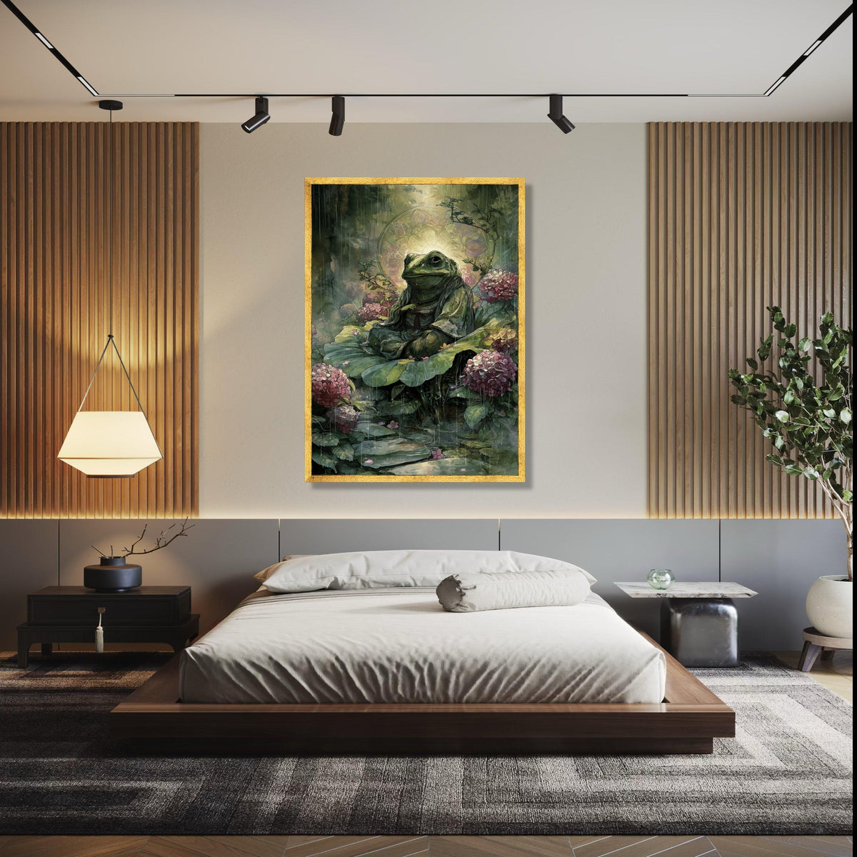 Meditative Frog on Lily Pad Canvas, Zen Garden Wall Art, Nature Illustration, Tranquil Pond Scene, Floral Gift Art, Home Decor, Print