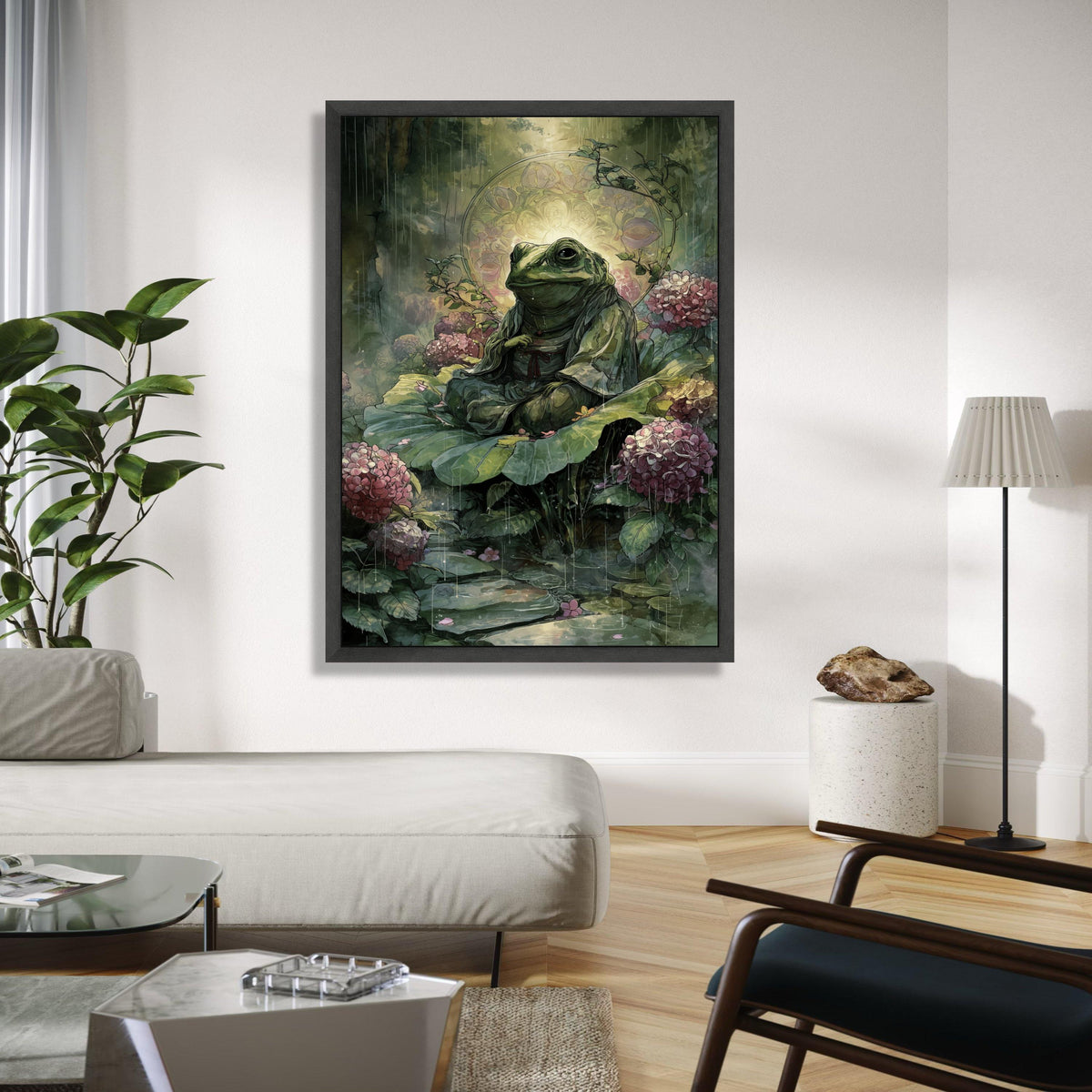 Meditative Frog on Lily Pad Canvas, Zen Garden Wall Art, Nature Illustration, Tranquil Pond Scene, Floral Gift Art, Home Decor, Print