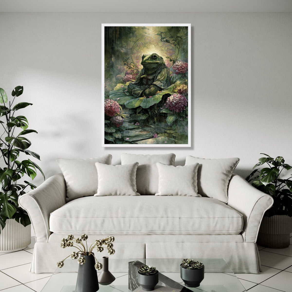Meditative Frog on Lily Pad Canvas, Zen Garden Wall Art, Nature Illustration, Tranquil Pond Scene, Floral Gift Art, Home Decor, Print