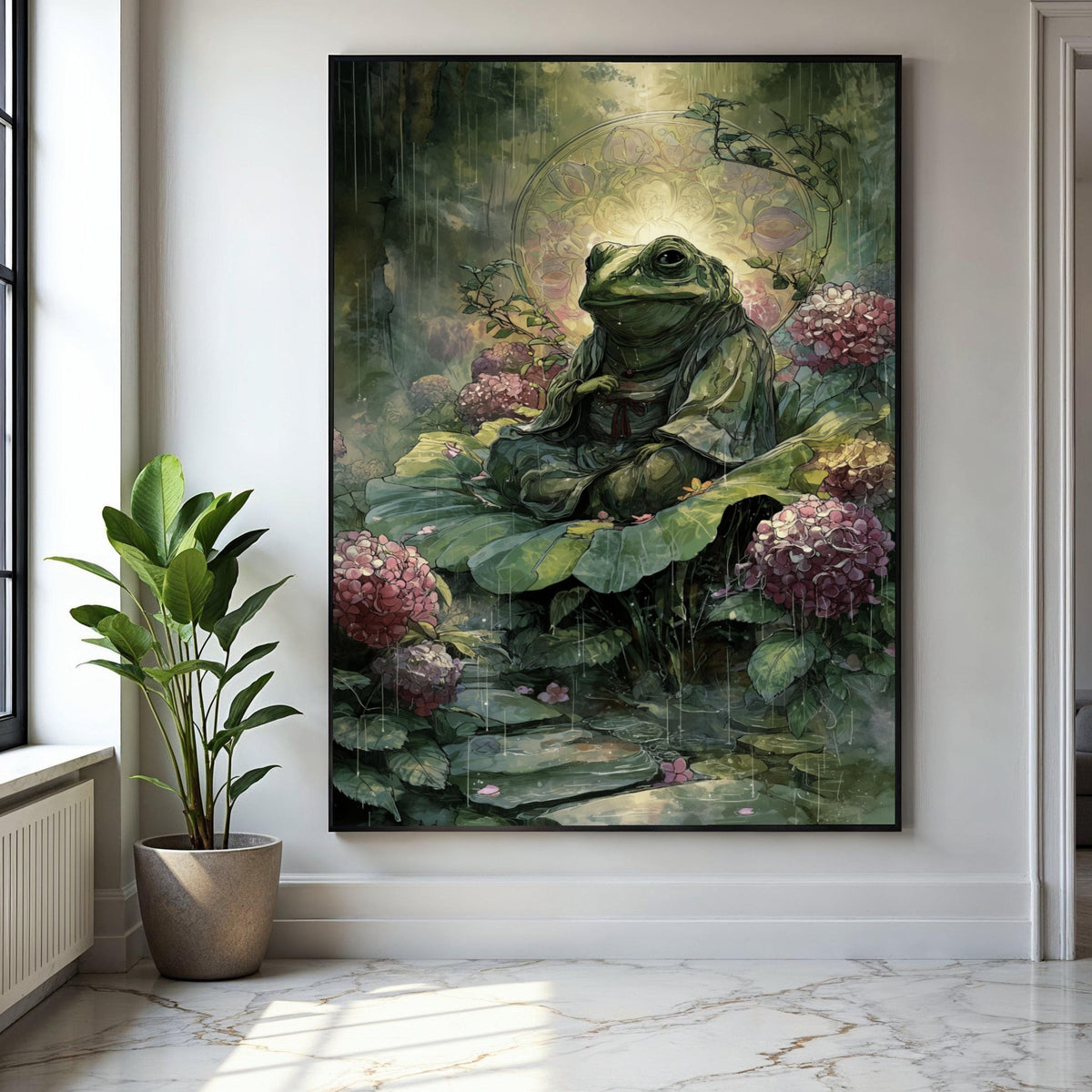 Meditative Frog on Lily Pad Canvas, Zen Garden Wall Art, Nature Illustration, Tranquil Pond Scene, Floral Gift Art, Home Decor, Print