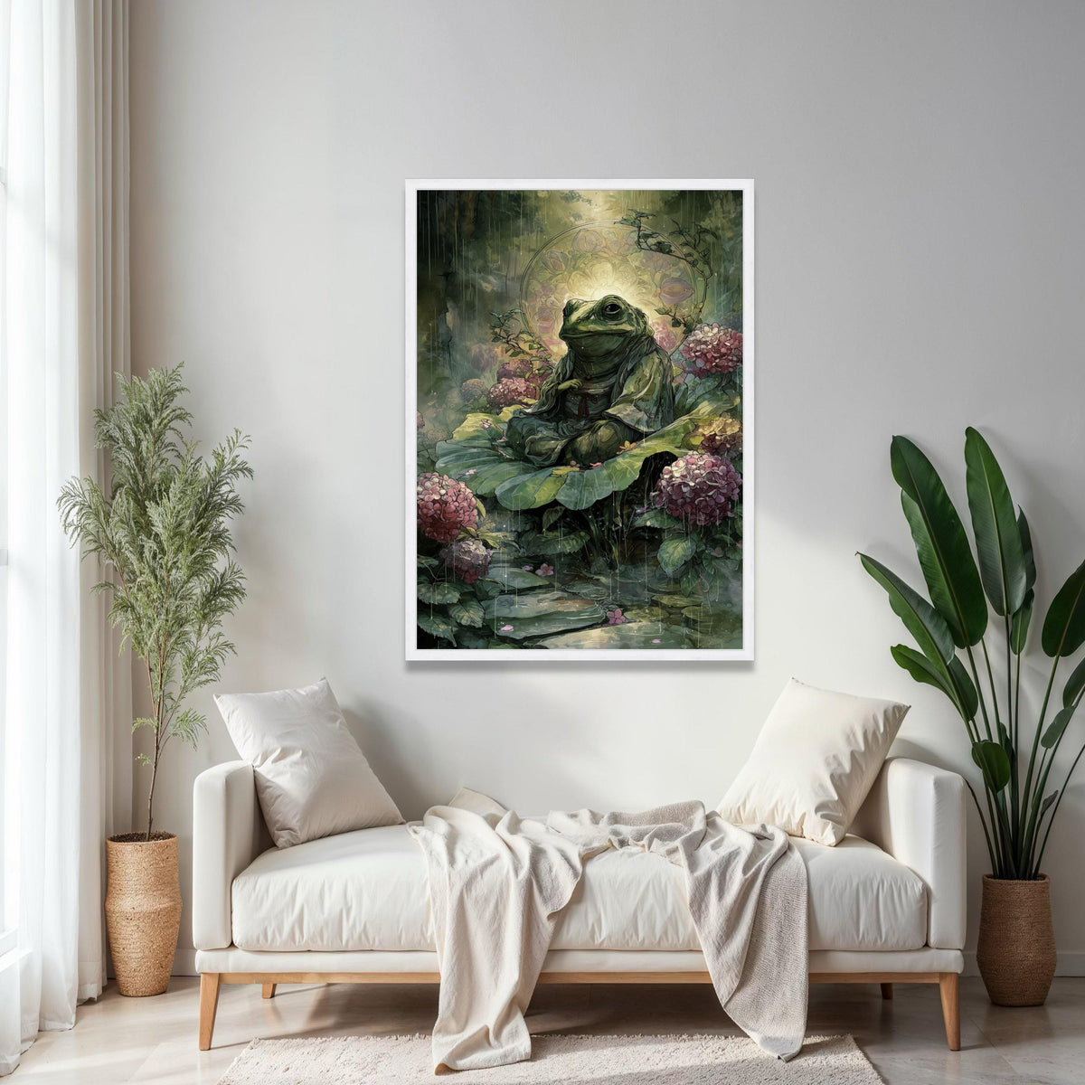Meditative Frog on Lily Pad Canvas, Zen Garden Wall Art, Nature Illustration, Tranquil Pond Scene, Floral Gift Art, Home Decor, Print