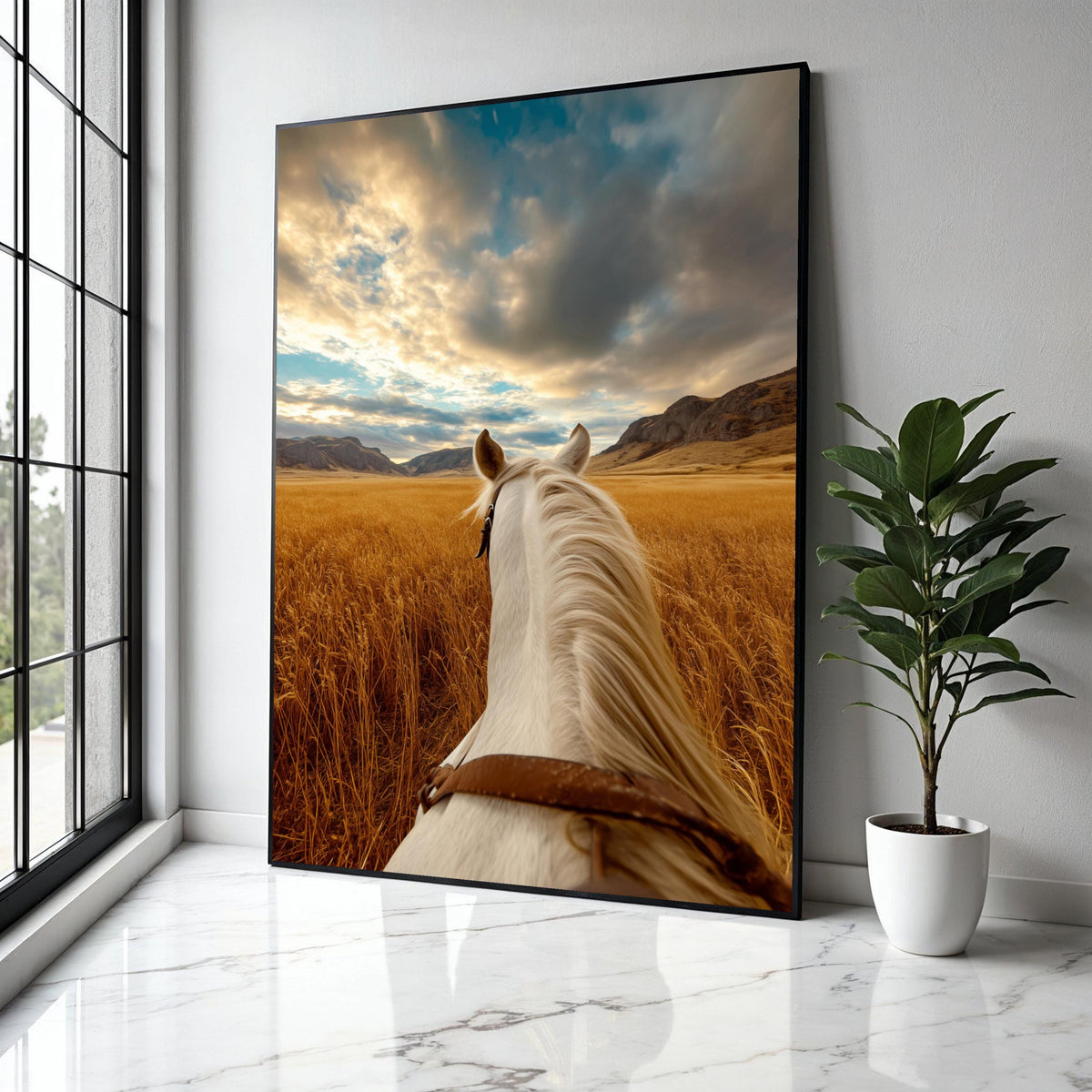White Horse Ride Canvas, Golden Wheat Field Wall Art, Scenic Mountain Landscape, Rustic Nature Canvas, Gift Art, Home Decor, Print
