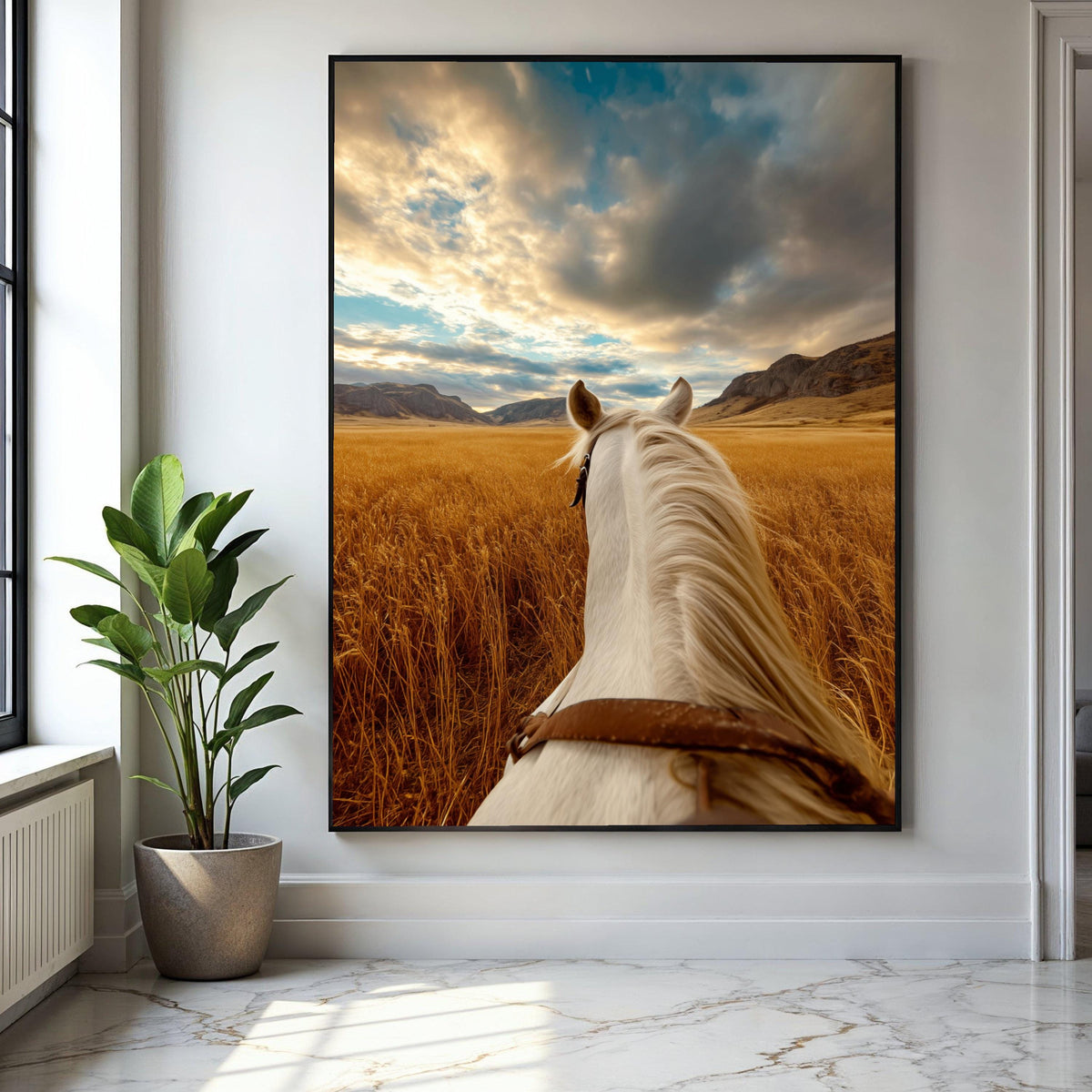 White Horse Ride Canvas, Golden Wheat Field Wall Art, Scenic Mountain Landscape, Rustic Nature Canvas, Gift Art, Home Decor, Print