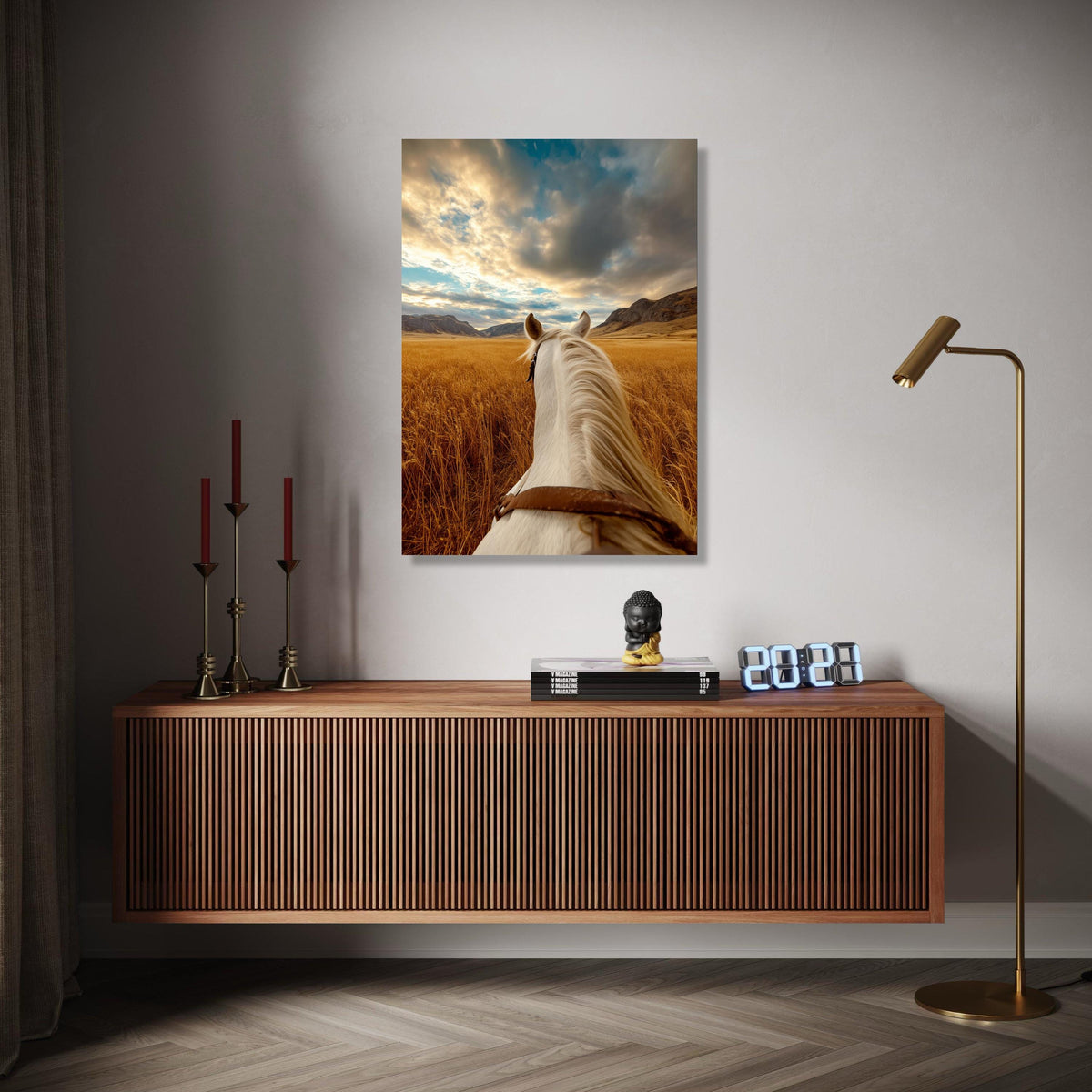 White Horse Ride Canvas, Golden Wheat Field Wall Art, Scenic Mountain Landscape, Rustic Nature Canvas, Gift Art, Home Decor, Print