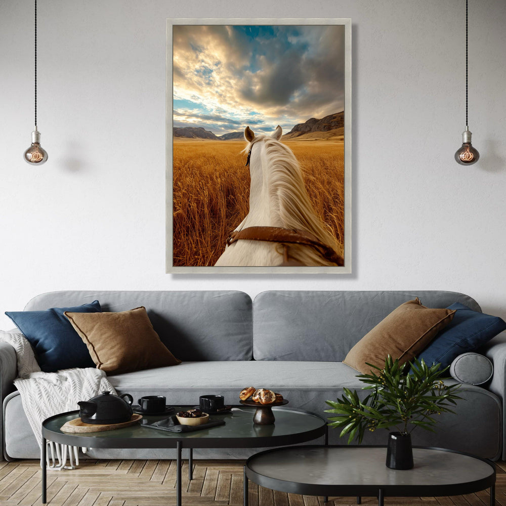 White Horse Ride Canvas, Golden Wheat Field Wall Art, Scenic Mountain Landscape, Rustic Nature Canvas, Gift Art, Home Decor, Print