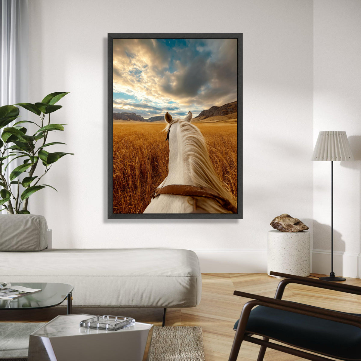 White Horse Ride Canvas, Golden Wheat Field Wall Art, Scenic Mountain Landscape, Rustic Nature Canvas, Gift Art, Home Decor, Print
