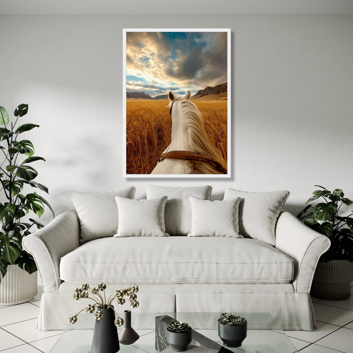 White Horse Ride Canvas, Golden Wheat Field Wall Art, Scenic Mountain Landscape, Rustic Nature Canvas, Gift Art, Home Decor, Print