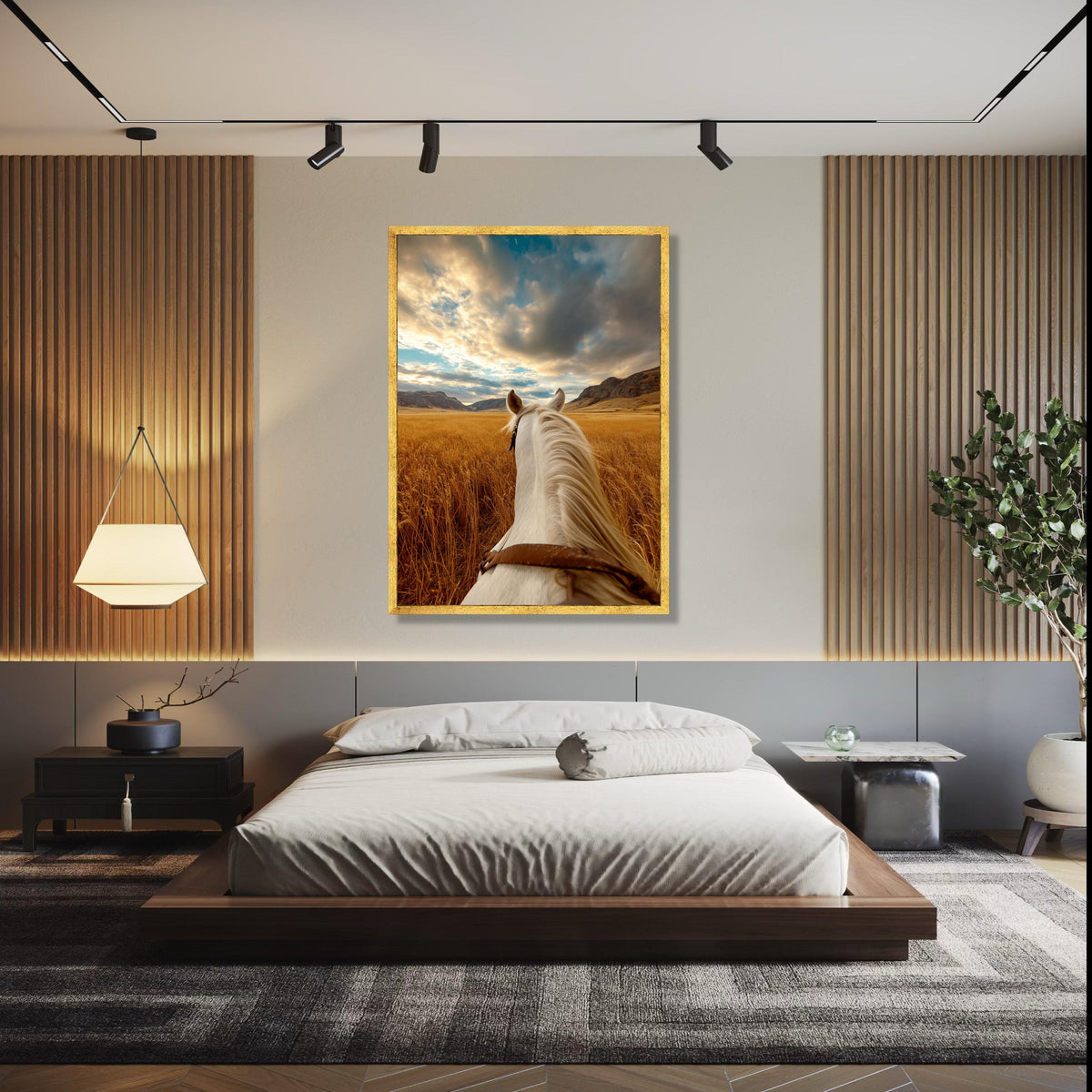 White Horse Ride Canvas, Golden Wheat Field Wall Art, Scenic Mountain Landscape, Rustic Nature Canvas, Gift Art, Home Decor, Print