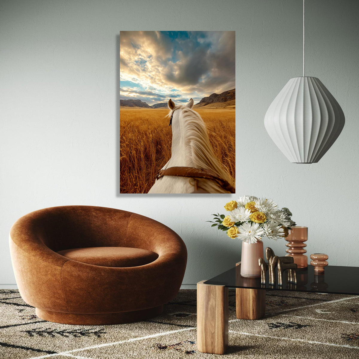White Horse Ride Canvas, Golden Wheat Field Wall Art, Scenic Mountain Landscape, Rustic Nature Canvas, Gift Art, Home Decor, Print