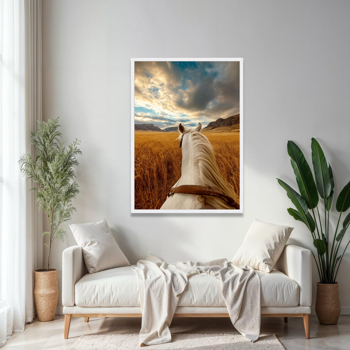 White Horse Ride Canvas, Golden Wheat Field Wall Art, Scenic Mountain Landscape, Rustic Nature Canvas, Gift Art, Home Decor, Print