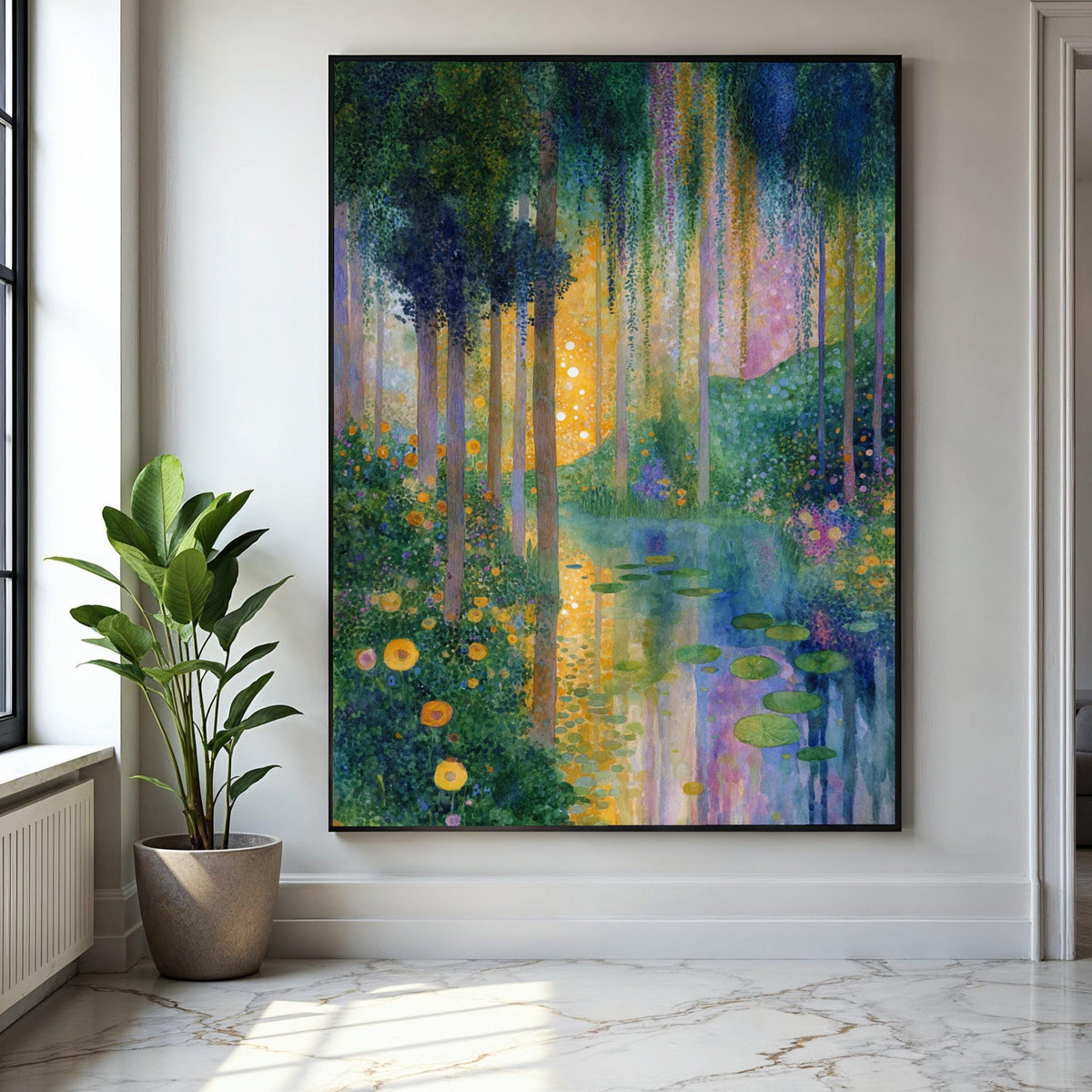 Enchanted Forest Pathway Canvas, Water Lilies Pond Wall Art, Mystical Nature Landscape, Floral Garden Scene, Gift Art, Home Decor, Print