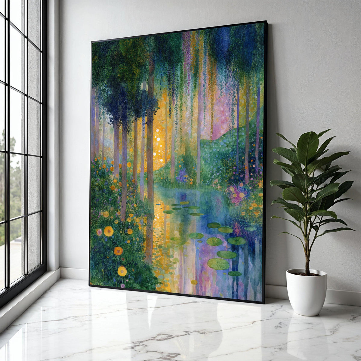 Enchanted Forest Pathway Canvas, Water Lilies Pond Wall Art, Mystical Nature Landscape, Floral Garden Scene, Gift Art, Home Decor, Print