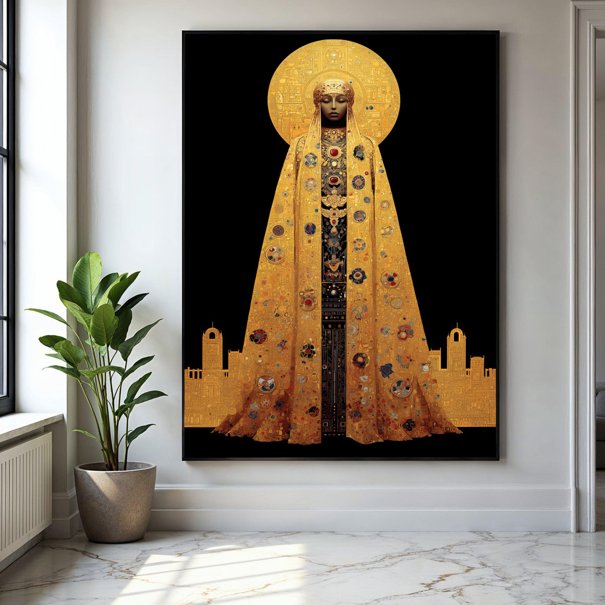 Golden Iconic Woman Canvas, Byzantine Style Wall Art, Sacred Figure Portrait, Ornate Gold Cloak Canvas, Gift Art, Home Decor, Print