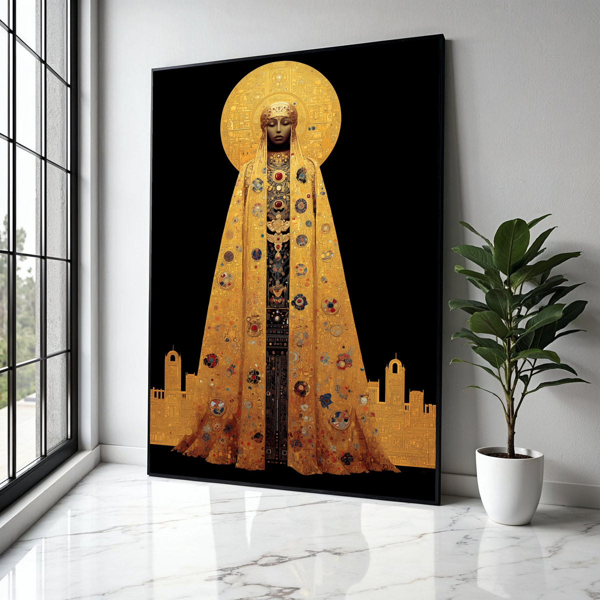 Golden Iconic Woman Canvas, Byzantine Style Wall Art, Sacred Figure Portrait, Ornate Gold Cloak Canvas, Gift Art, Home Decor, Print
