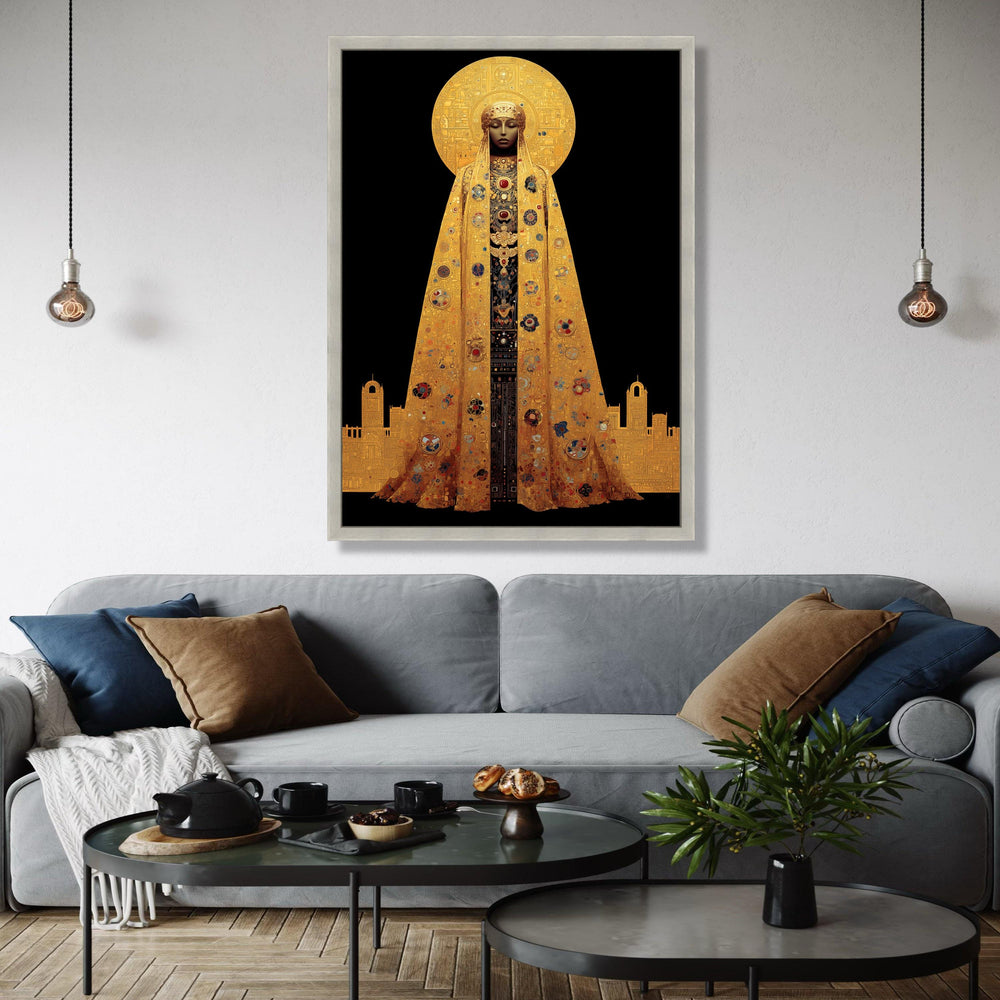 Golden Iconic Woman Canvas, Byzantine Style Wall Art, Sacred Figure Portrait, Ornate Gold Cloak Canvas, Gift Art, Home Decor, Print
