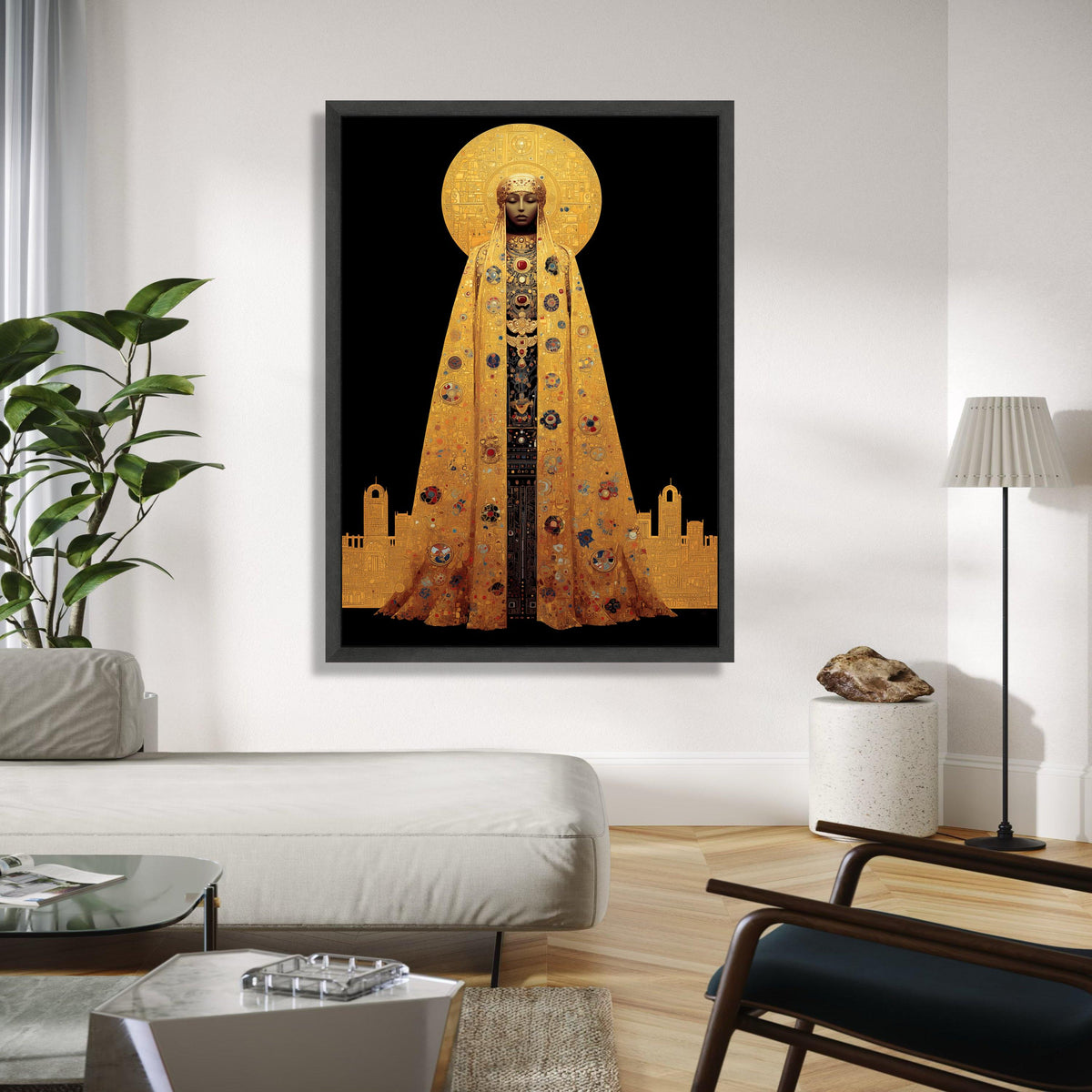 Golden Iconic Woman Canvas, Byzantine Style Wall Art, Sacred Figure Portrait, Ornate Gold Cloak Canvas, Gift Art, Home Decor, Print