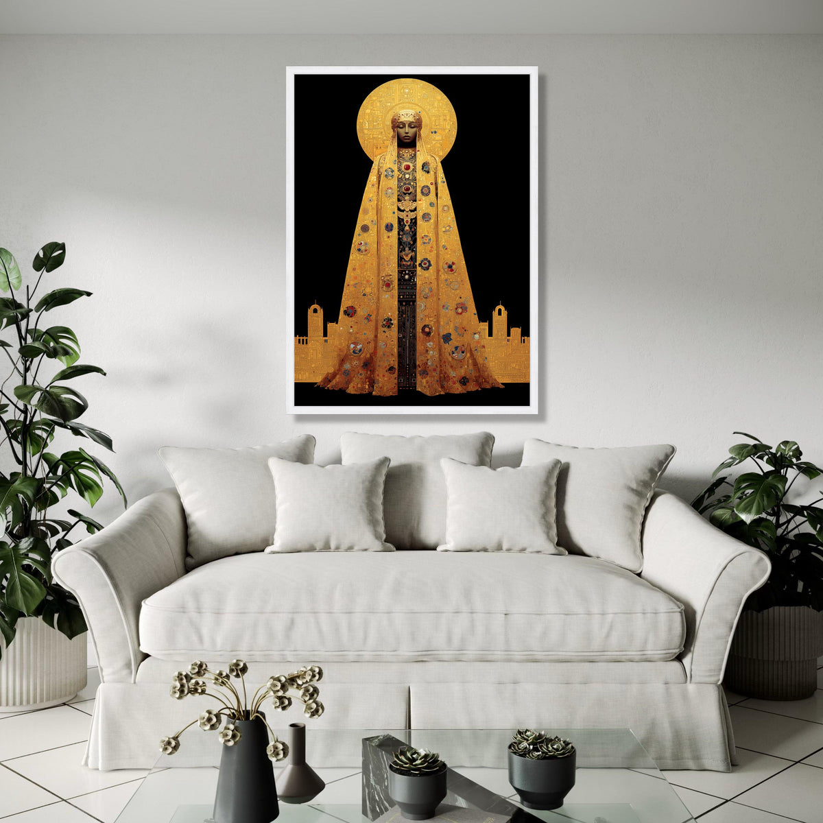 Golden Iconic Woman Canvas, Byzantine Style Wall Art, Sacred Figure Portrait, Ornate Gold Cloak Canvas, Gift Art, Home Decor, Print