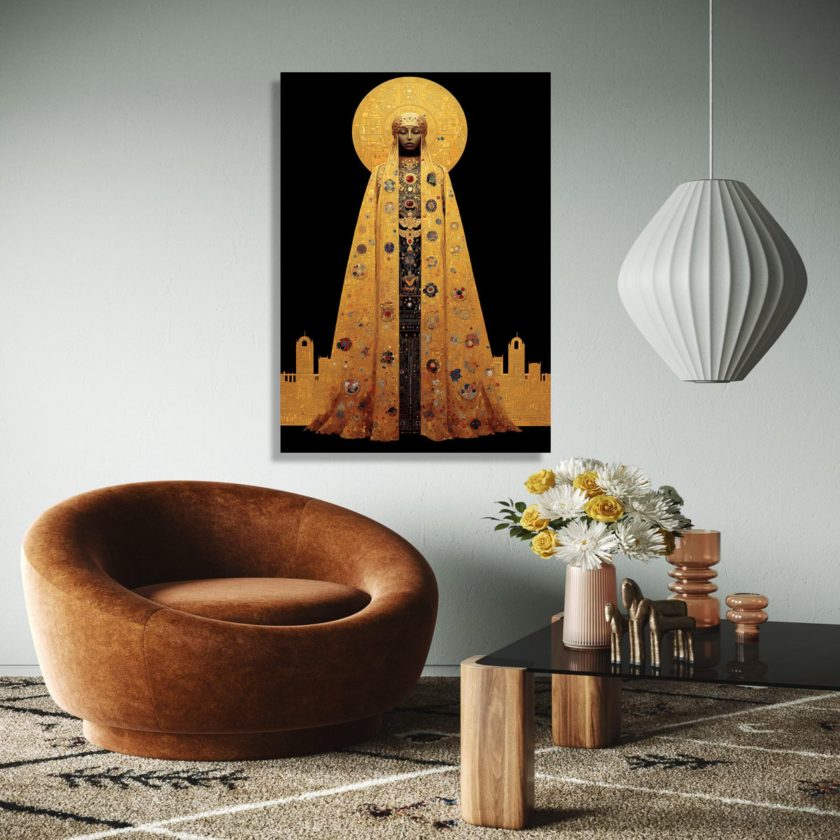 Golden Iconic Woman Canvas, Byzantine Style Wall Art, Sacred Figure Portrait, Ornate Gold Cloak Canvas, Gift Art, Home Decor, Print