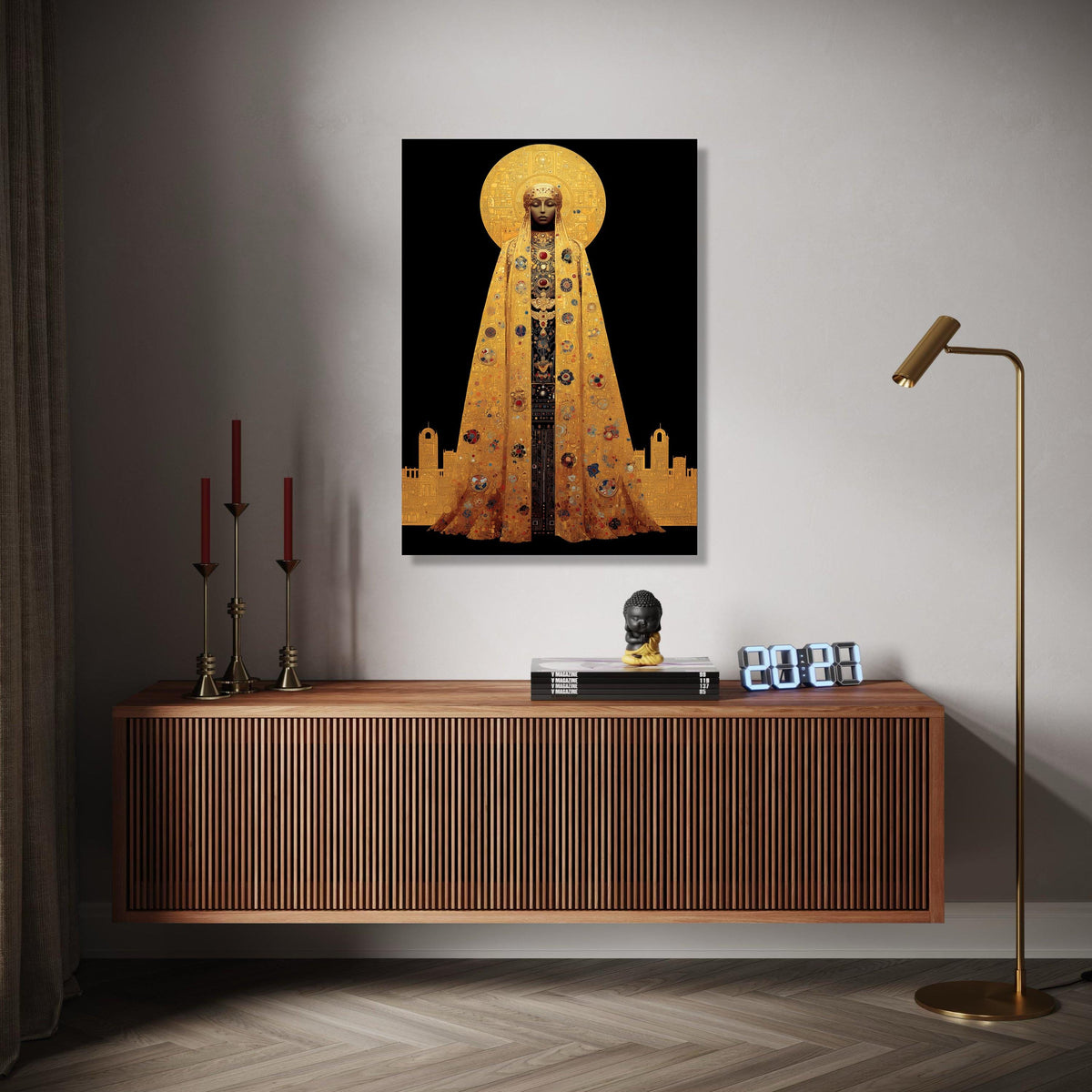 Golden Iconic Woman Canvas, Byzantine Style Wall Art, Sacred Figure Portrait, Ornate Gold Cloak Canvas, Gift Art, Home Decor, Print