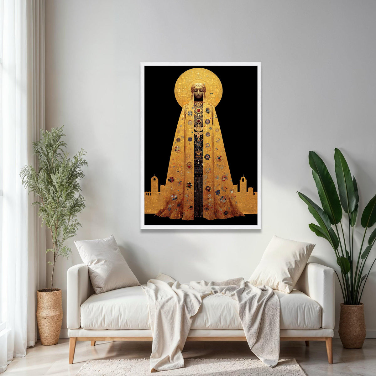 Golden Iconic Woman Canvas, Byzantine Style Wall Art, Sacred Figure Portrait, Ornate Gold Cloak Canvas, Gift Art, Home Decor, Print