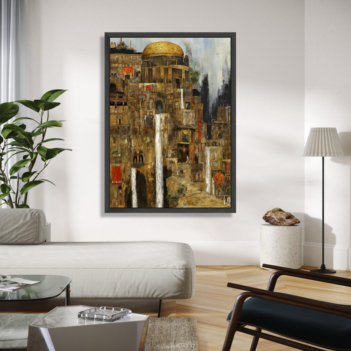 Ancient Cityscape Canvas Wall Art, Historic Architecture Painting, Waterfall Urban Scene, Golden Dome Canvas, Gift Art, Home Decor, Print