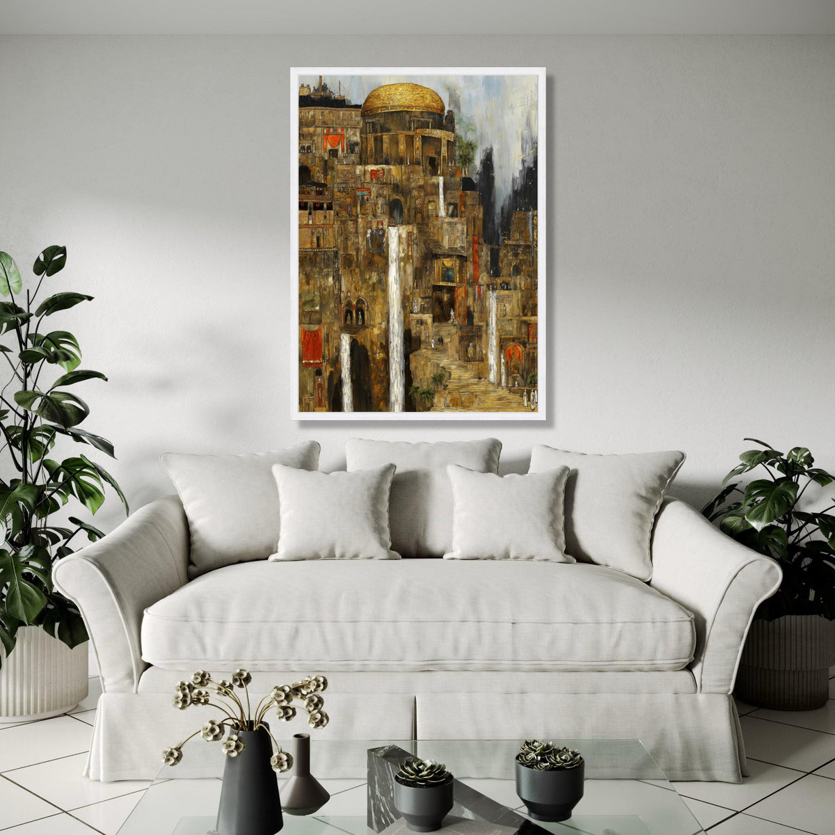 Ancient Cityscape Canvas Wall Art, Historic Architecture Painting, Waterfall Urban Scene, Golden Dome Canvas, Gift Art, Home Decor, Print