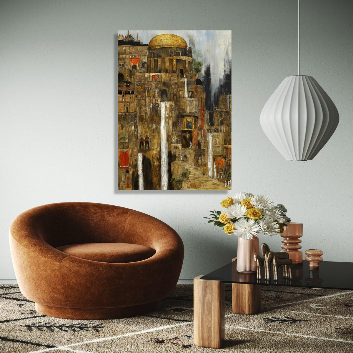 Ancient Cityscape Canvas Wall Art, Historic Architecture Painting, Waterfall Urban Scene, Golden Dome Canvas, Gift Art, Home Decor, Print