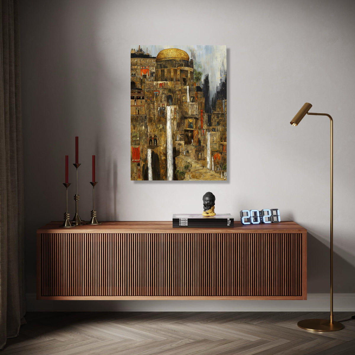Ancient Cityscape Canvas Wall Art, Historic Architecture Painting, Waterfall Urban Scene, Golden Dome Canvas, Gift Art, Home Decor, Print