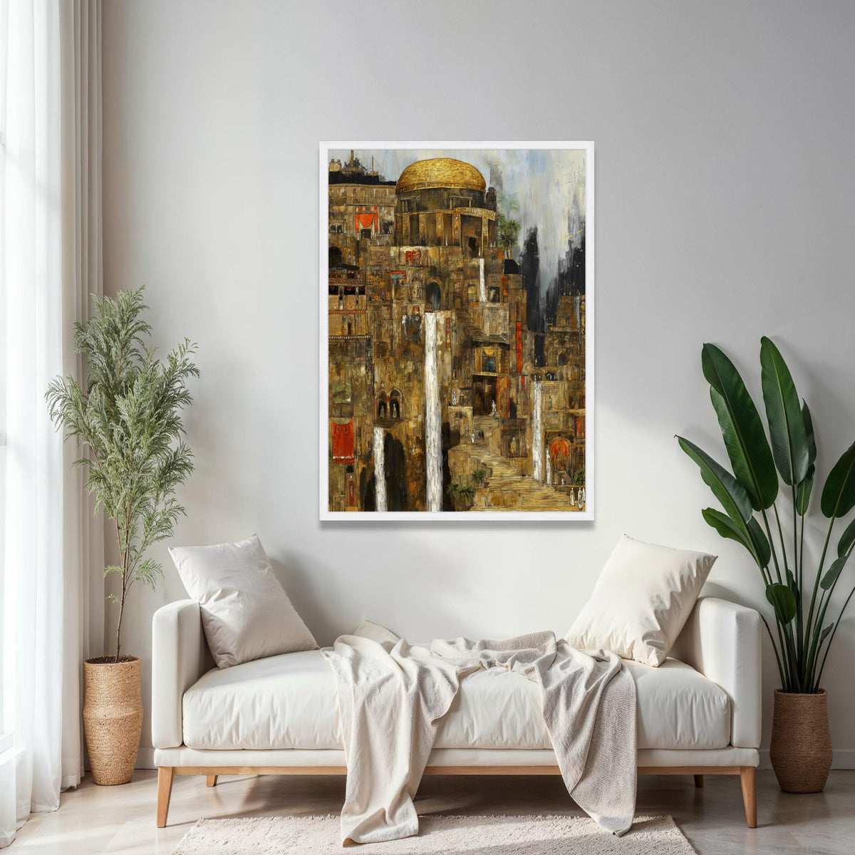 Ancient Cityscape Canvas Wall Art, Historic Architecture Painting, Waterfall Urban Scene, Golden Dome Canvas, Gift Art, Home Decor, Print