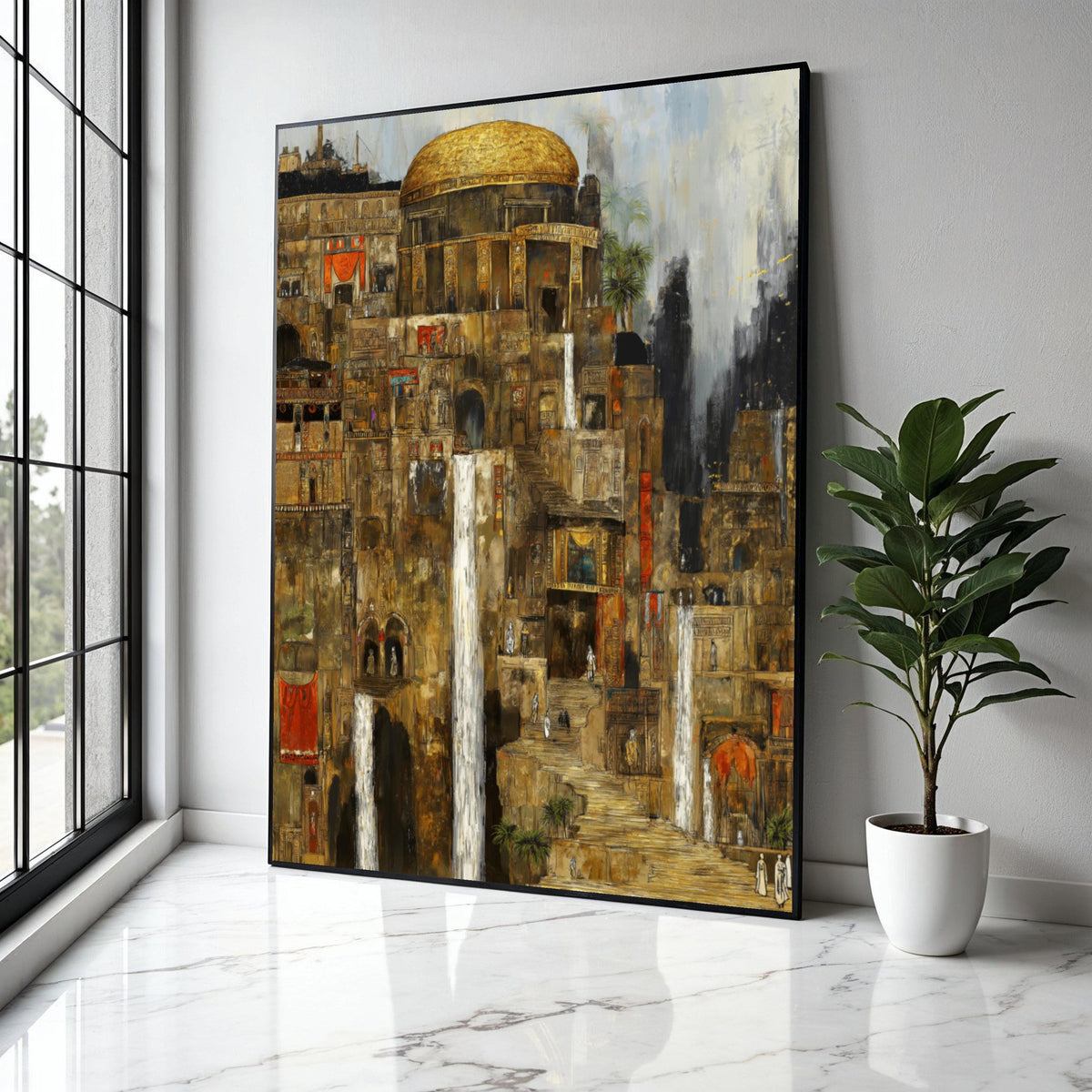 Ancient Cityscape Canvas Wall Art, Historic Architecture Painting, Waterfall Urban Scene, Golden Dome Canvas, Gift Art, Home Decor, Print
