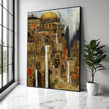 Ancient Cityscape Canvas Wall Art, Historic Architecture Painting, Waterfall Urban Scene, Golden Dome Canvas, Gift Art, Home Decor, Print
