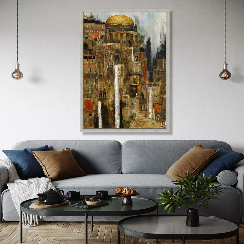 Ancient Cityscape Canvas Wall Art, Historic Architecture Painting, Waterfall Urban Scene, Golden Dome Canvas, Gift Art, Home Decor, Print