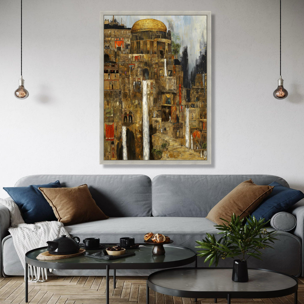 Ancient Cityscape Canvas Wall Art, Historic Architecture Painting, Waterfall Urban Scene, Golden Dome Canvas, Gift Art, Home Decor, Print