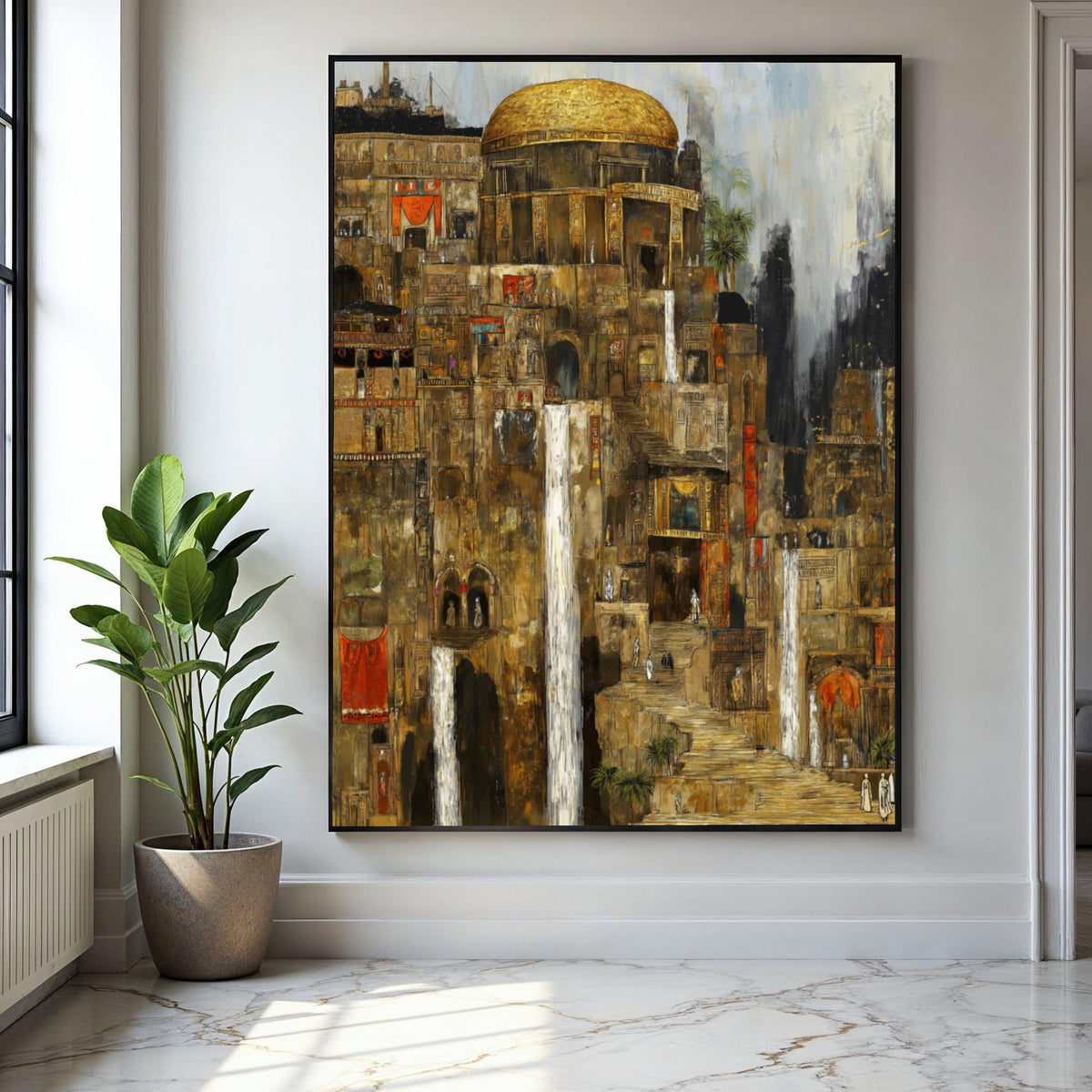 Ancient Cityscape Canvas Wall Art, Historic Architecture Painting, Waterfall Urban Scene, Golden Dome Canvas, Gift Art, Home Decor, Print