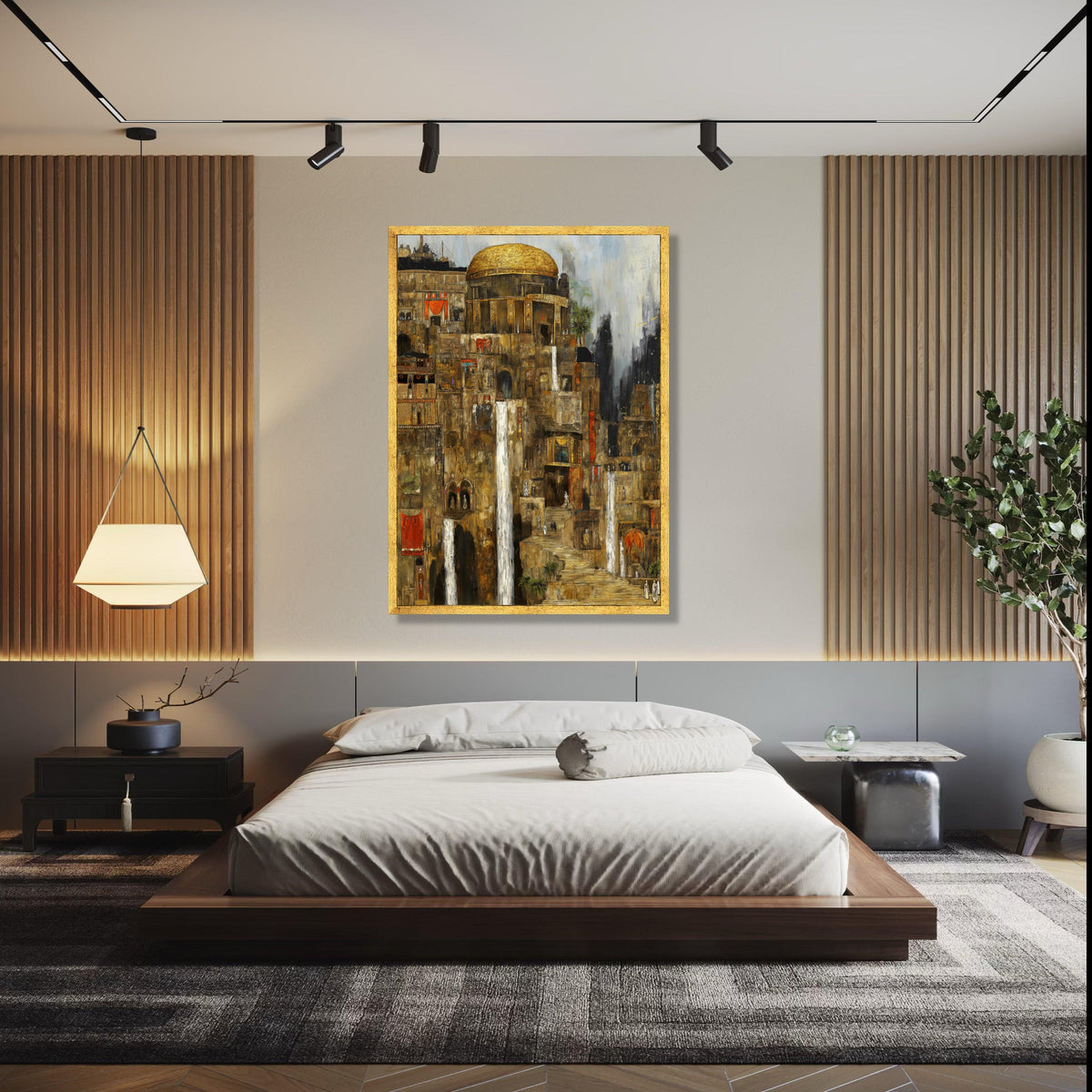 Ancient Cityscape Canvas Wall Art, Historic Architecture Painting, Waterfall Urban Scene, Golden Dome Canvas, Gift Art, Home Decor, Print