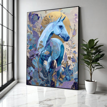 Blue Horse Canvas Wall Art, Floral Fantasy Canvas, Gold Accent Horse Painting, Nature Inspired Wall Decor, Gift Art, Home Decor, Print