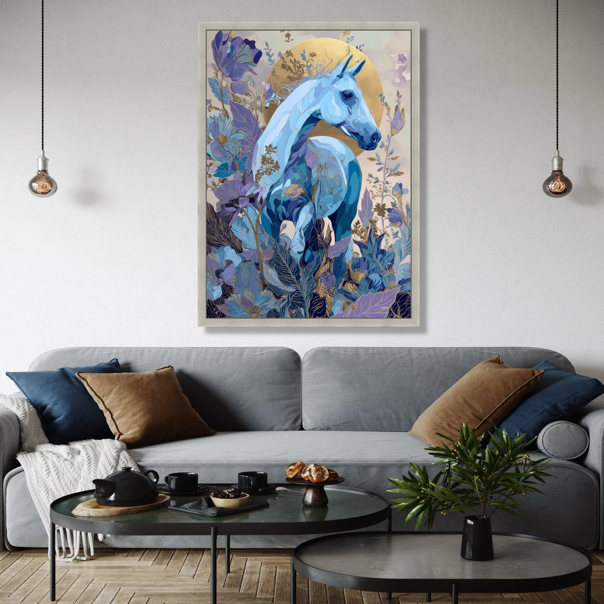 Blue Horse Canvas Wall Art, Floral Fantasy Canvas, Gold Accent Horse Painting, Nature Inspired Wall Decor, Gift Art, Home Decor, Print