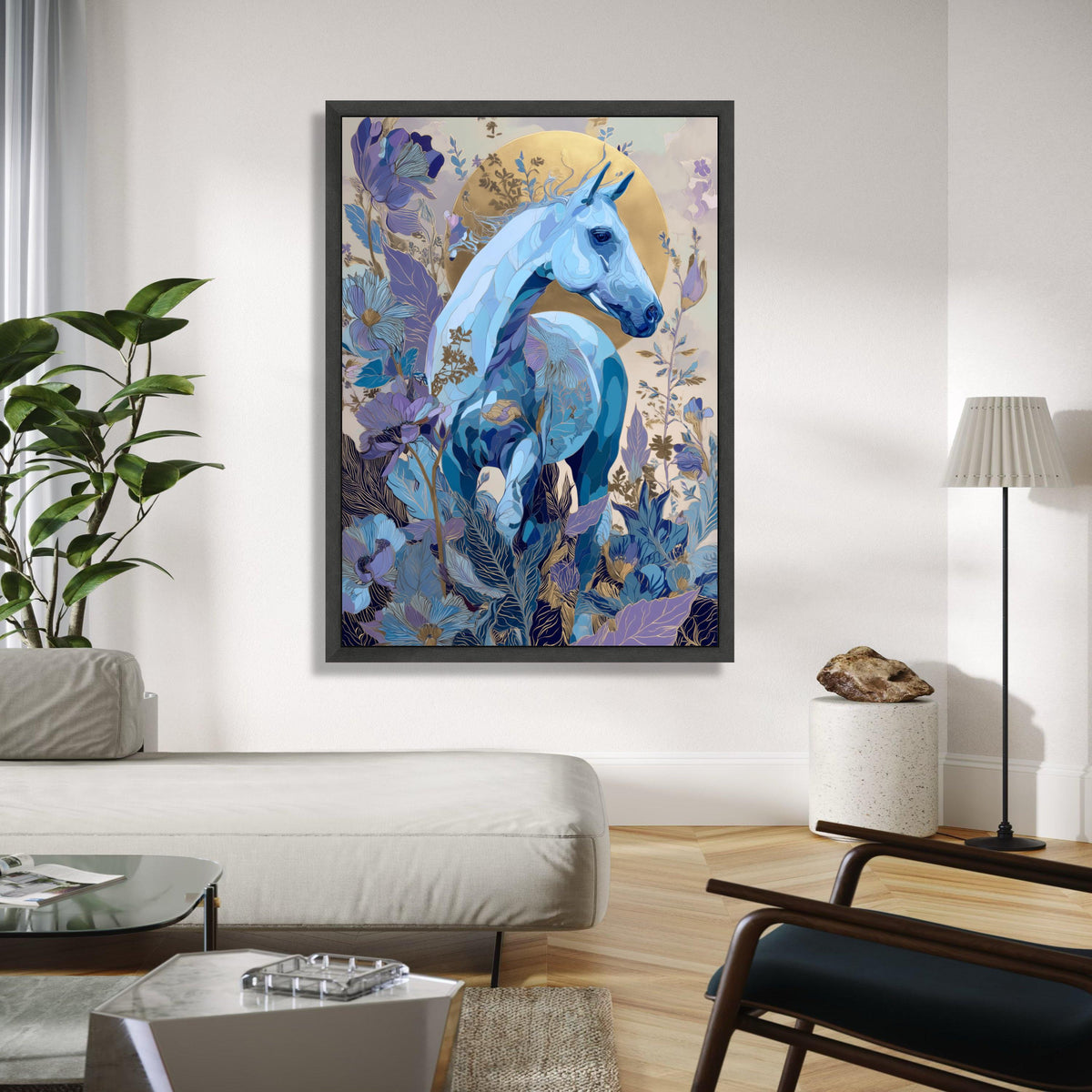 Blue Horse Canvas Wall Art, Floral Fantasy Canvas, Gold Accent Horse Painting, Nature Inspired Wall Decor, Gift Art, Home Decor, Print