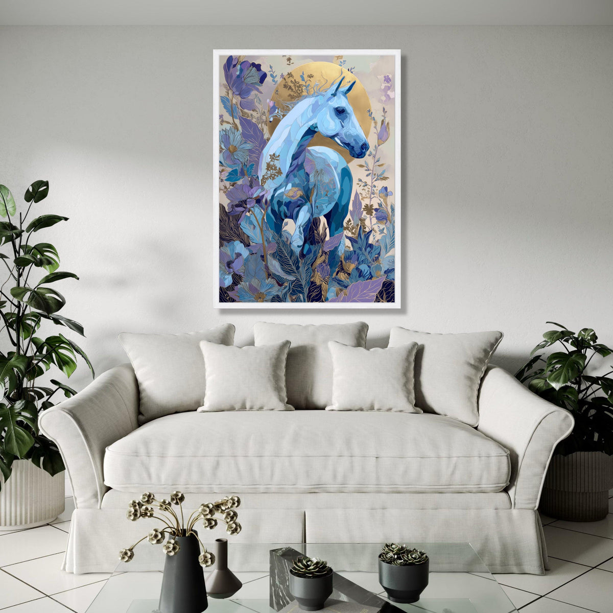 Blue Horse Canvas Wall Art, Floral Fantasy Canvas, Gold Accent Horse Painting, Nature Inspired Wall Decor, Gift Art, Home Decor, Print