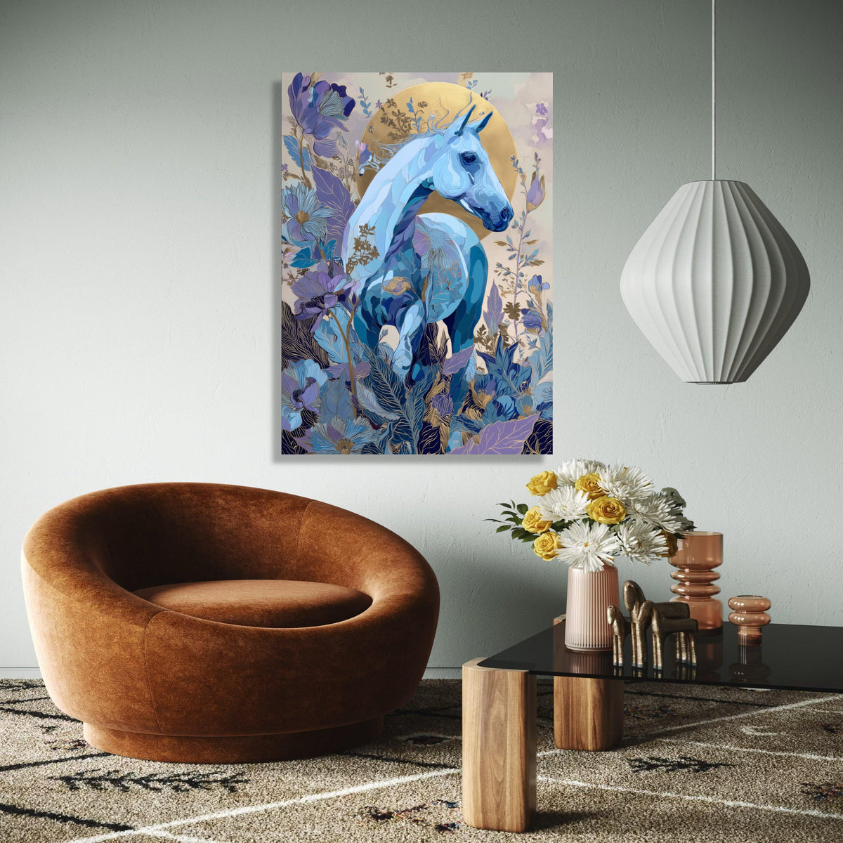 Blue Horse Canvas Wall Art, Floral Fantasy Canvas, Gold Accent Horse Painting, Nature Inspired Wall Decor, Gift Art, Home Decor, Print