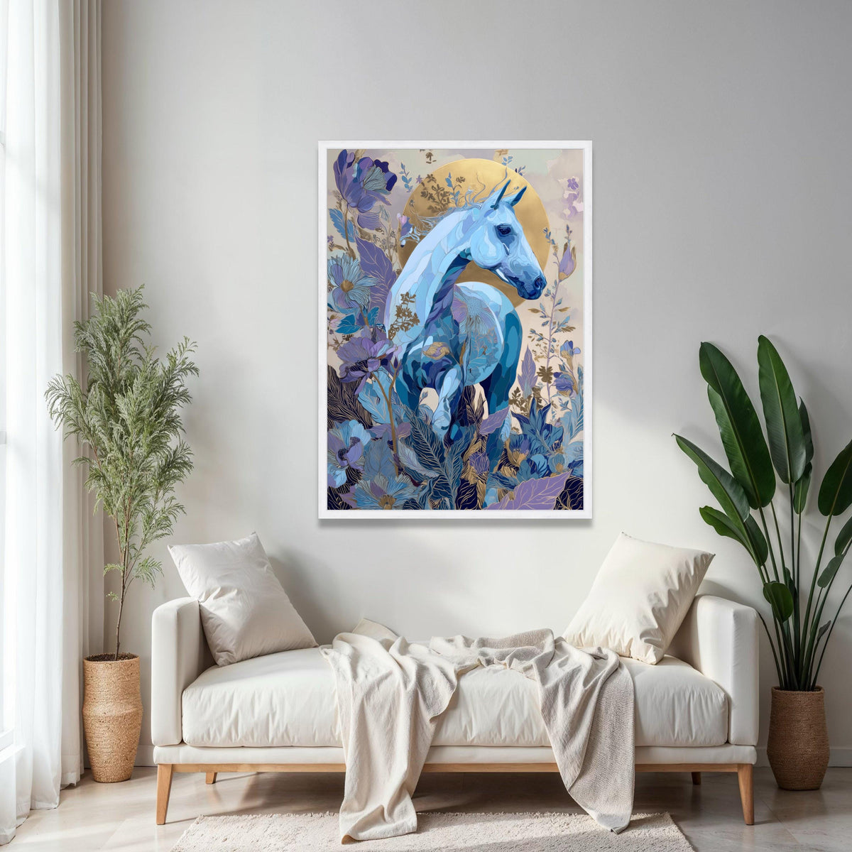 Blue Horse Canvas Wall Art, Floral Fantasy Canvas, Gold Accent Horse Painting, Nature Inspired Wall Decor, Gift Art, Home Decor, Print
