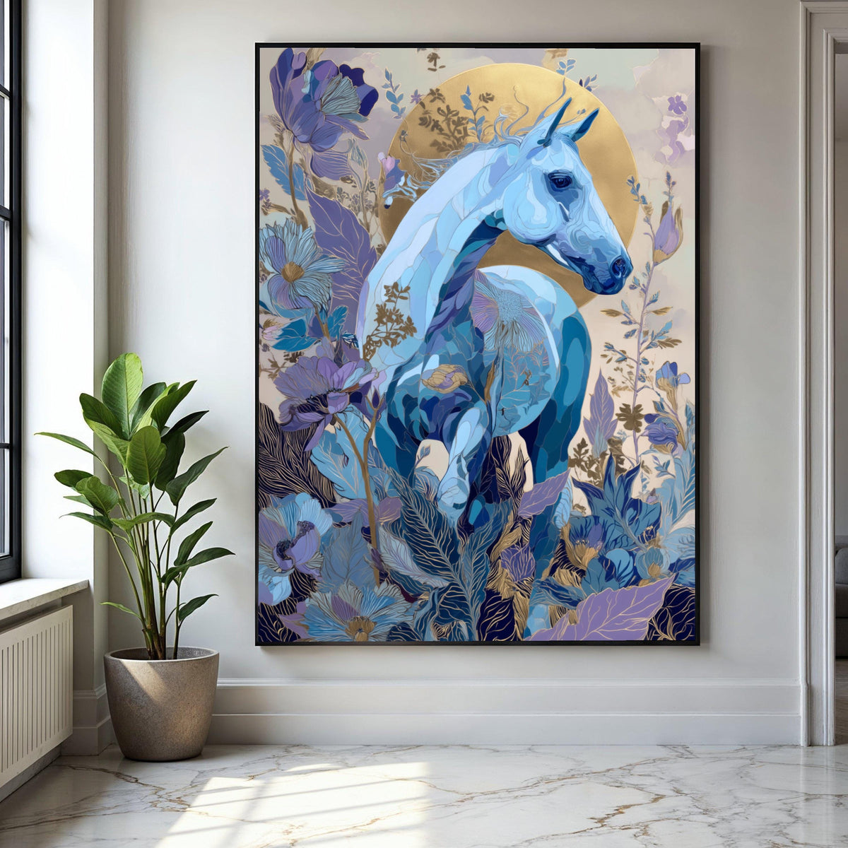 Blue Horse Canvas Wall Art, Floral Fantasy Canvas, Gold Accent Horse Painting, Nature Inspired Wall Decor, Gift Art, Home Decor, Print