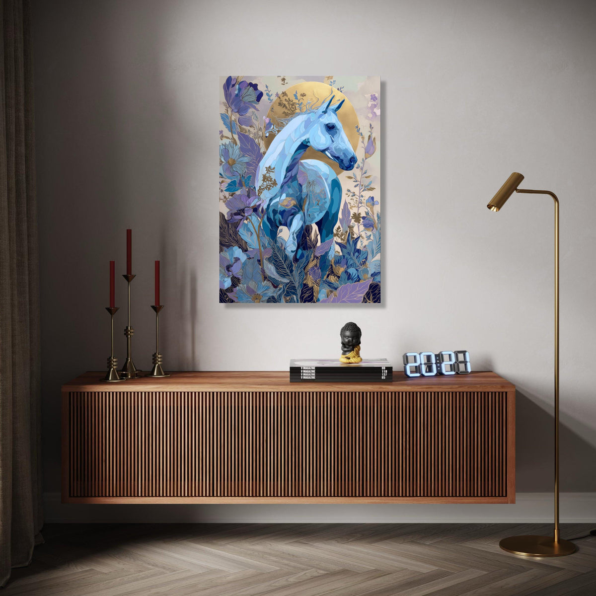 Blue Horse Canvas Wall Art, Floral Fantasy Canvas, Gold Accent Horse Painting, Nature Inspired Wall Decor, Gift Art, Home Decor, Print