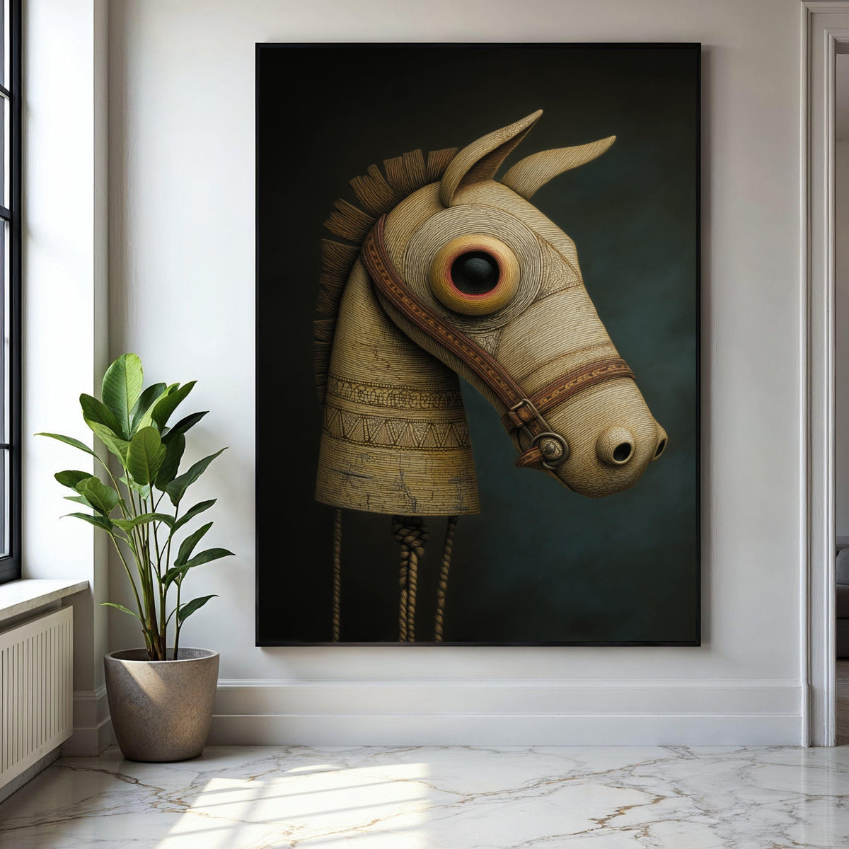 Vintage Wooden Horse Head Canvas, Rustic Equestrian Wall Art, Antique Toy Sculpture Print, Farmhouse Decor Gift Art, Home Decor, Print
