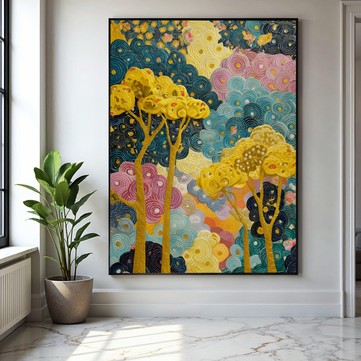 Abstract Swirling Trees Canvas Art, Modern Floral Wall Decor, Colorful Nature Painting, Yellow Blue Pink Canvas, Gift Art, Home Decor, Print