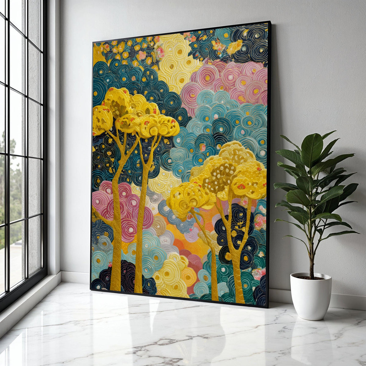 Abstract Swirling Trees Canvas Art, Modern Floral Wall Decor, Colorful Nature Painting, Yellow Blue Pink Canvas, Gift Art, Home Decor, Print