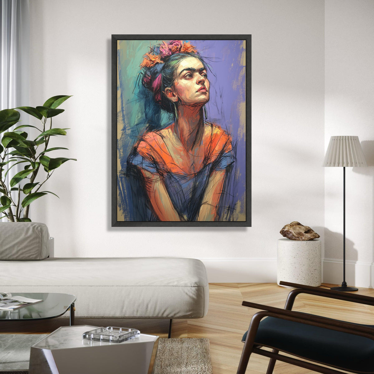 Frida Inspired Portrait Canvas, Abstract Woman Wall Art, Colorful Expressionist Painting, Modern Home Gift Art, Home Decor, Print