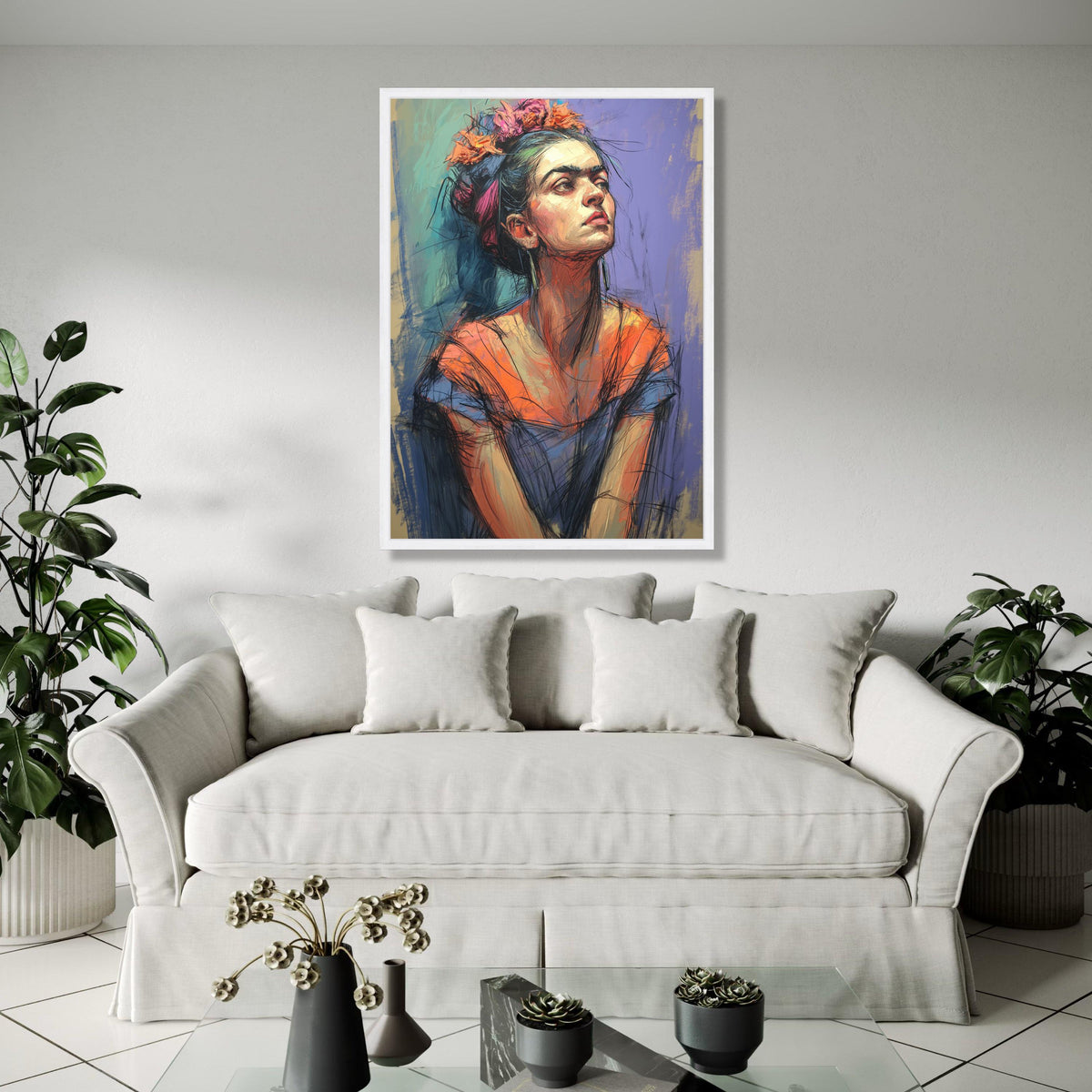 Frida Inspired Portrait Canvas, Abstract Woman Wall Art, Colorful Expressionist Painting, Modern Home Gift Art, Home Decor, Print